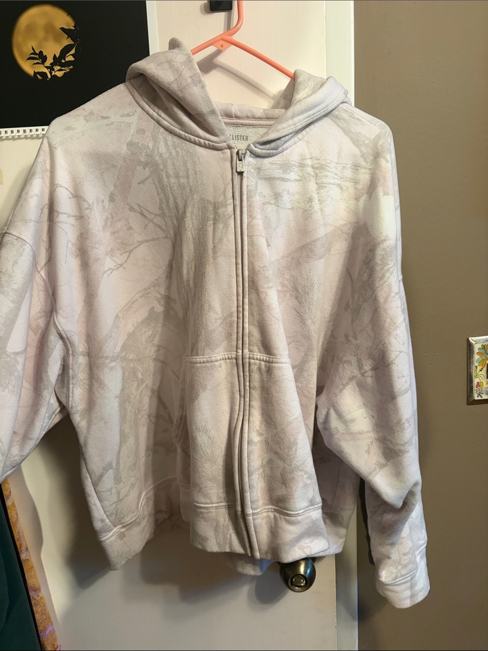 Light Pink & Gray Zip-Up Hoodie with Camo Print Hollister